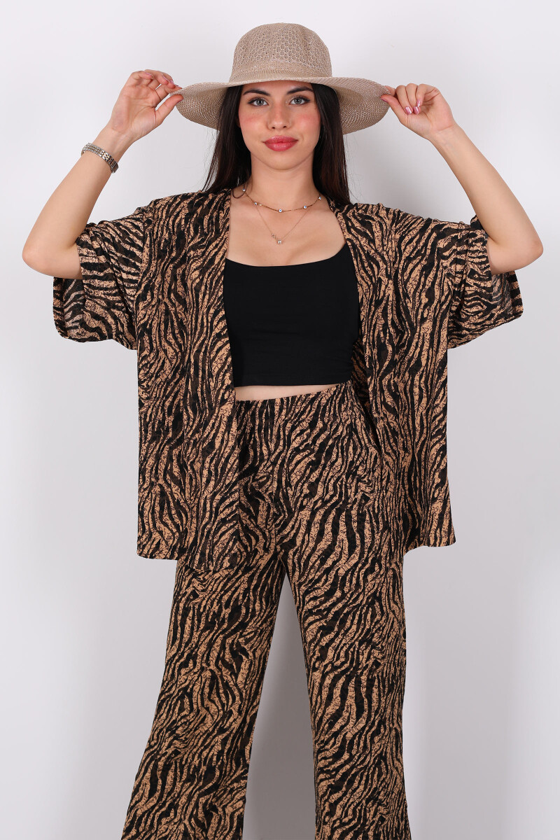 Çizgi Desen Kadın Bej Kimono Takım - 2