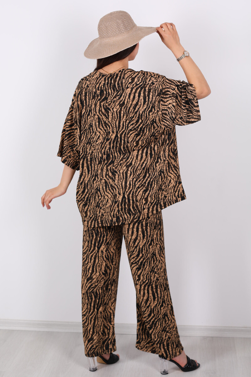 Çizgi Desen Kadın Bej Kimono Takım - 6