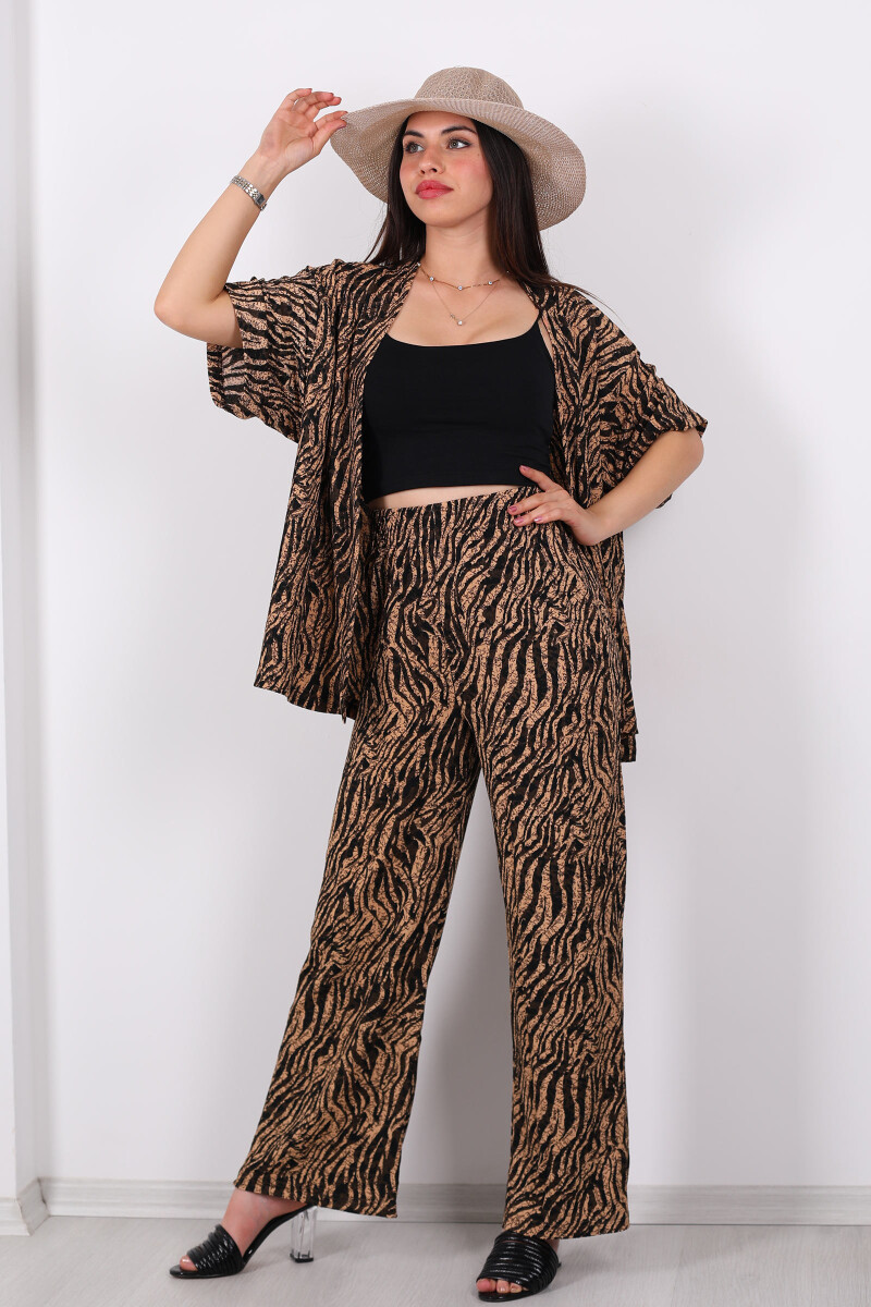 Çizgi Desen Kadın Bej Kimono Takım - 3
