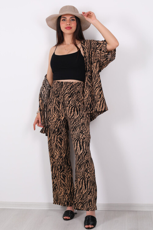 Çizgi Desen Kadın Bej Kimono Takım - 4