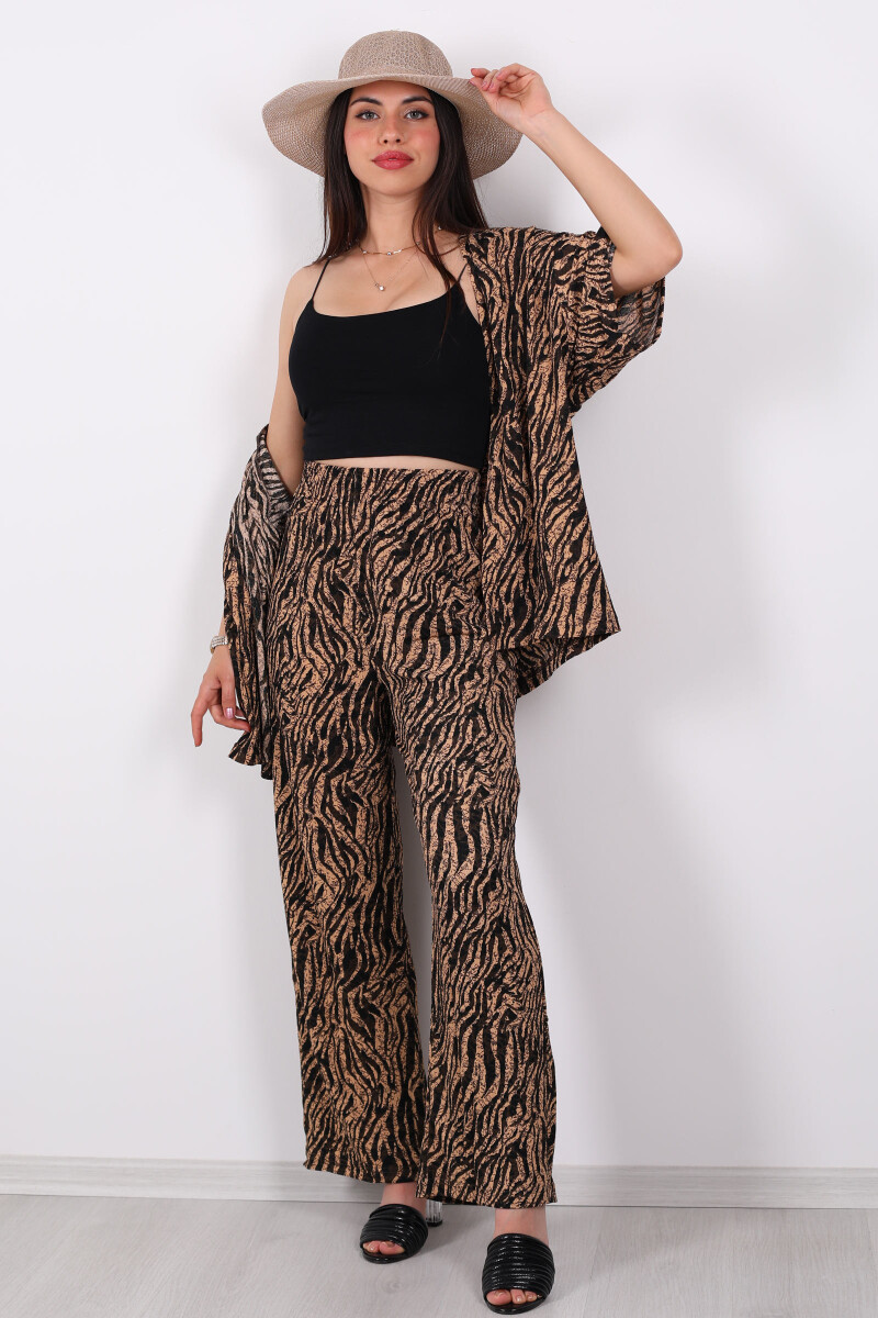 Çizgi Desen Kadın Bej Kimono Takım - 4