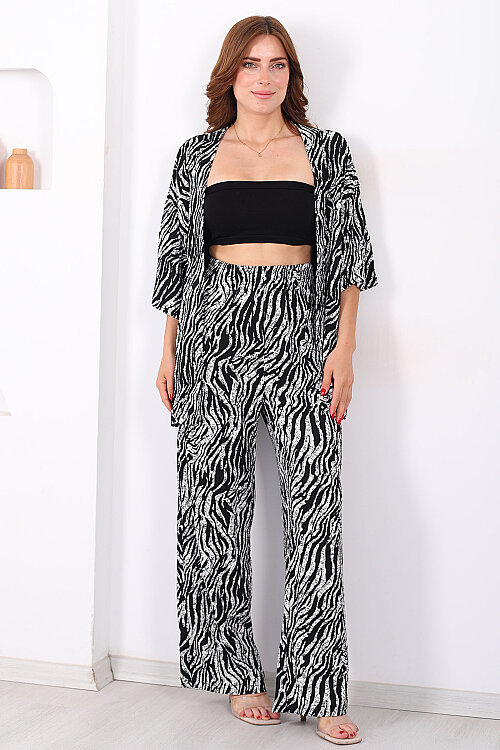 Çizgi Desen Kadın Siyah Kimono Takım - 3