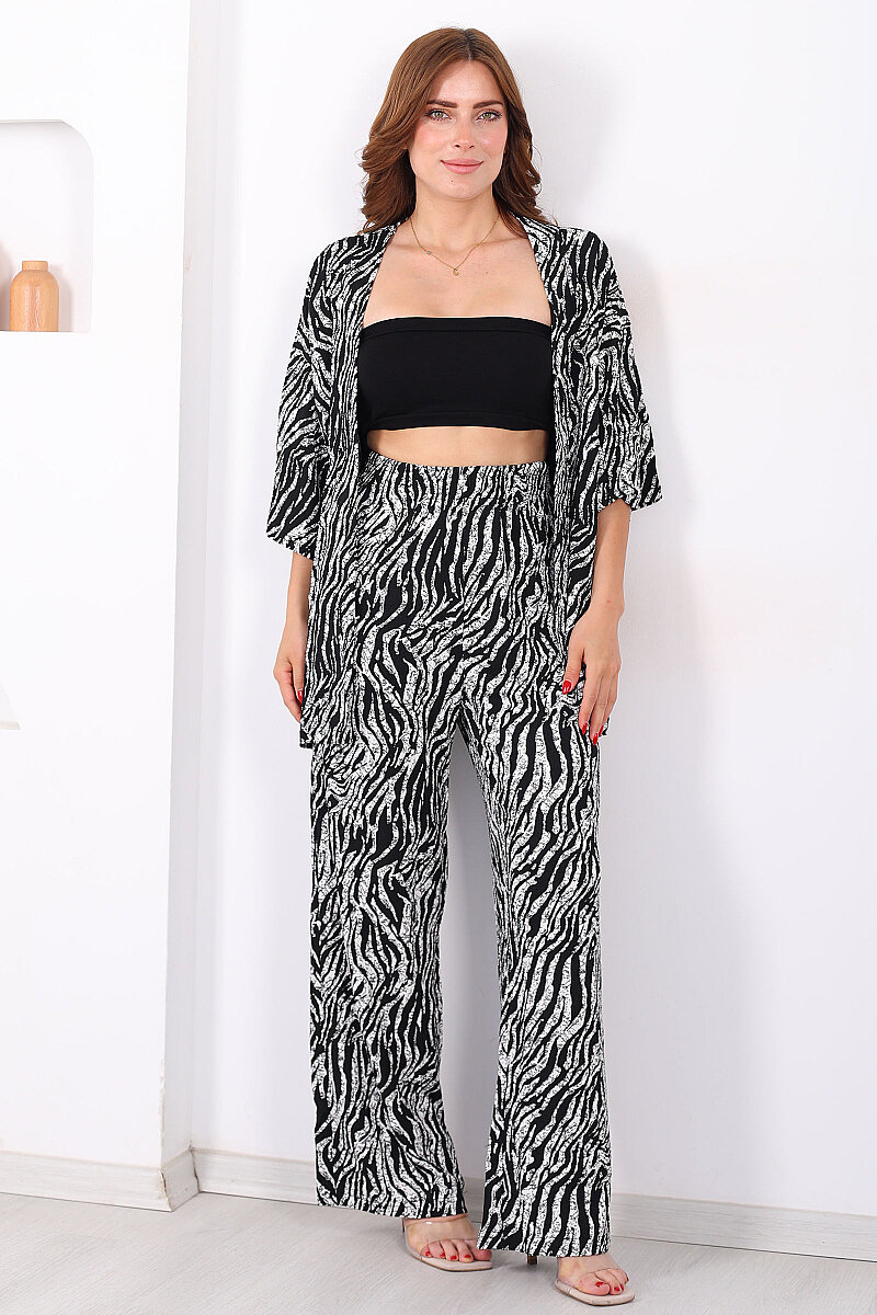 Çizgi Desen Kadın Siyah Kimono Takım - 3