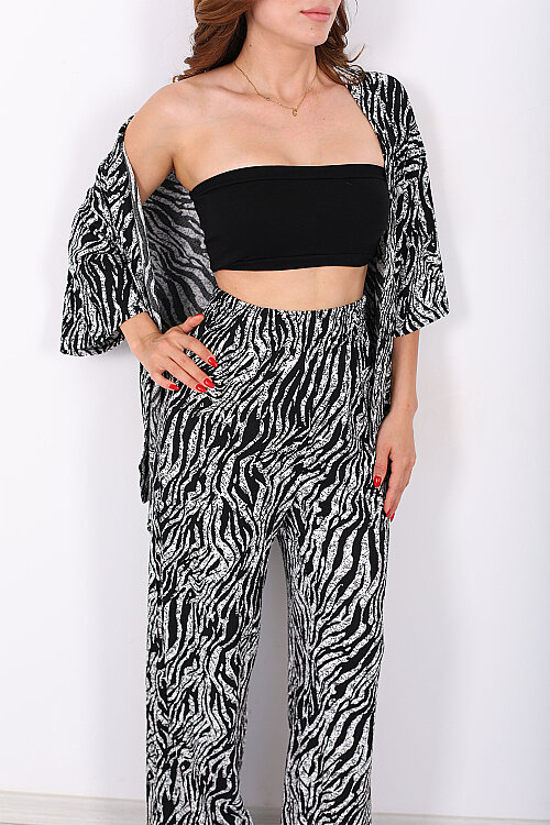 Çizgi Desen Kadın Siyah Kimono Takım - Berox (1)