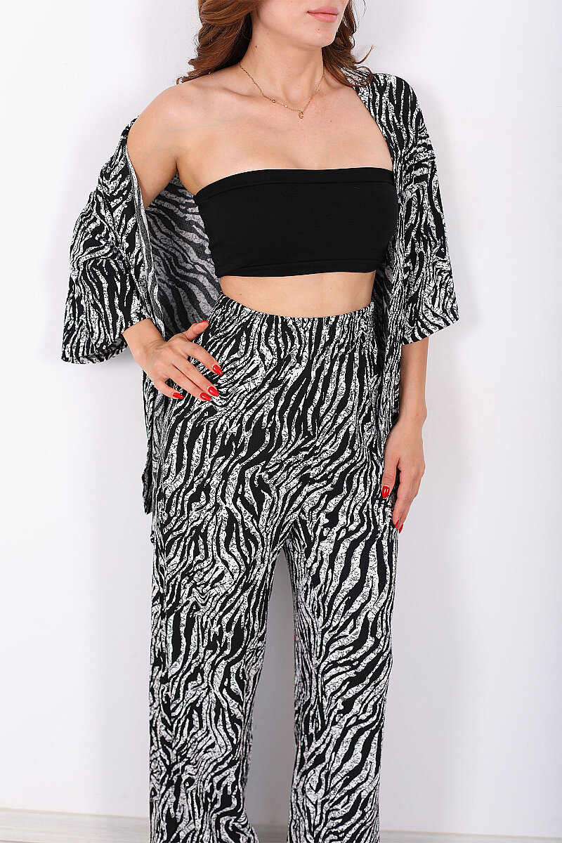 Çizgi Desen Kadın Siyah Kimono Takım - 2