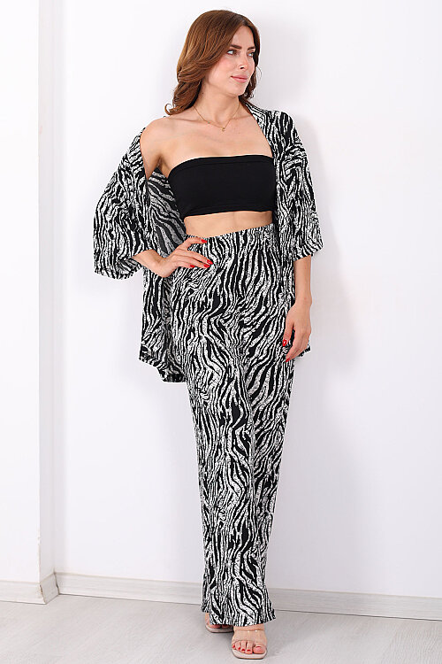 Çizgi Desen Kadın Siyah Kimono Takım - 6