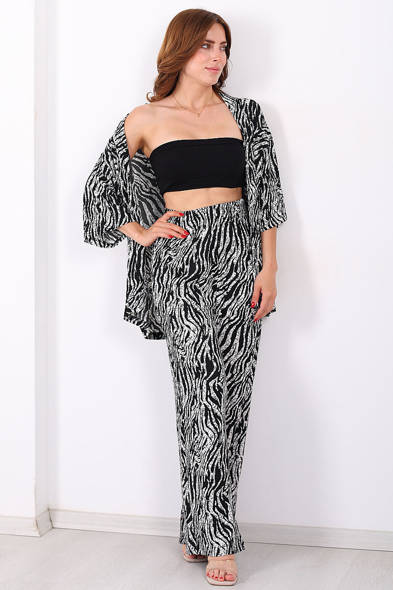 Çizgi Desen Kadın Siyah Kimono Takım - 6