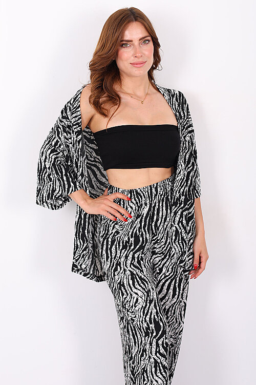 Çizgi Desen Kadın Siyah Kimono Takım - 4