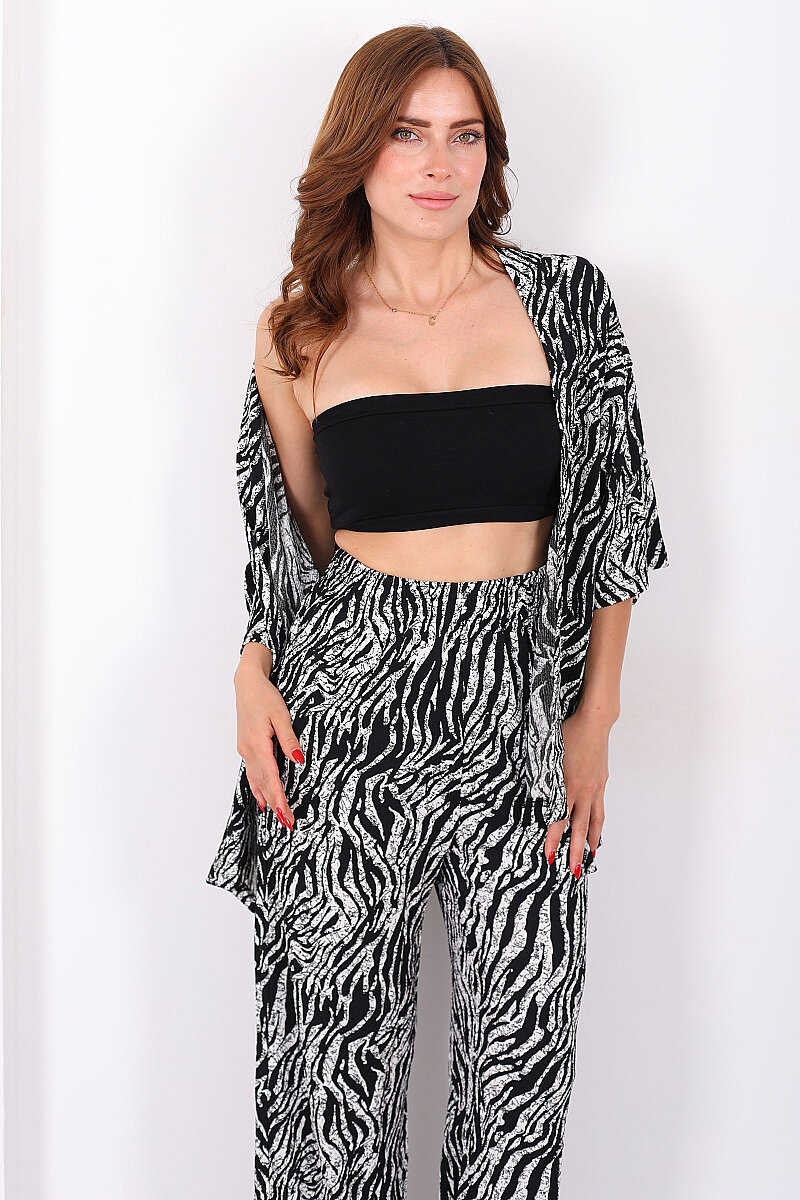 Çizgi Desen Kadın Siyah Kimono Takım - 1