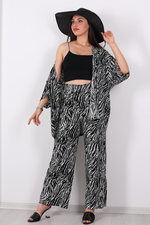 Çizgi Desen Kadın Siyah Kimono Takım - 1