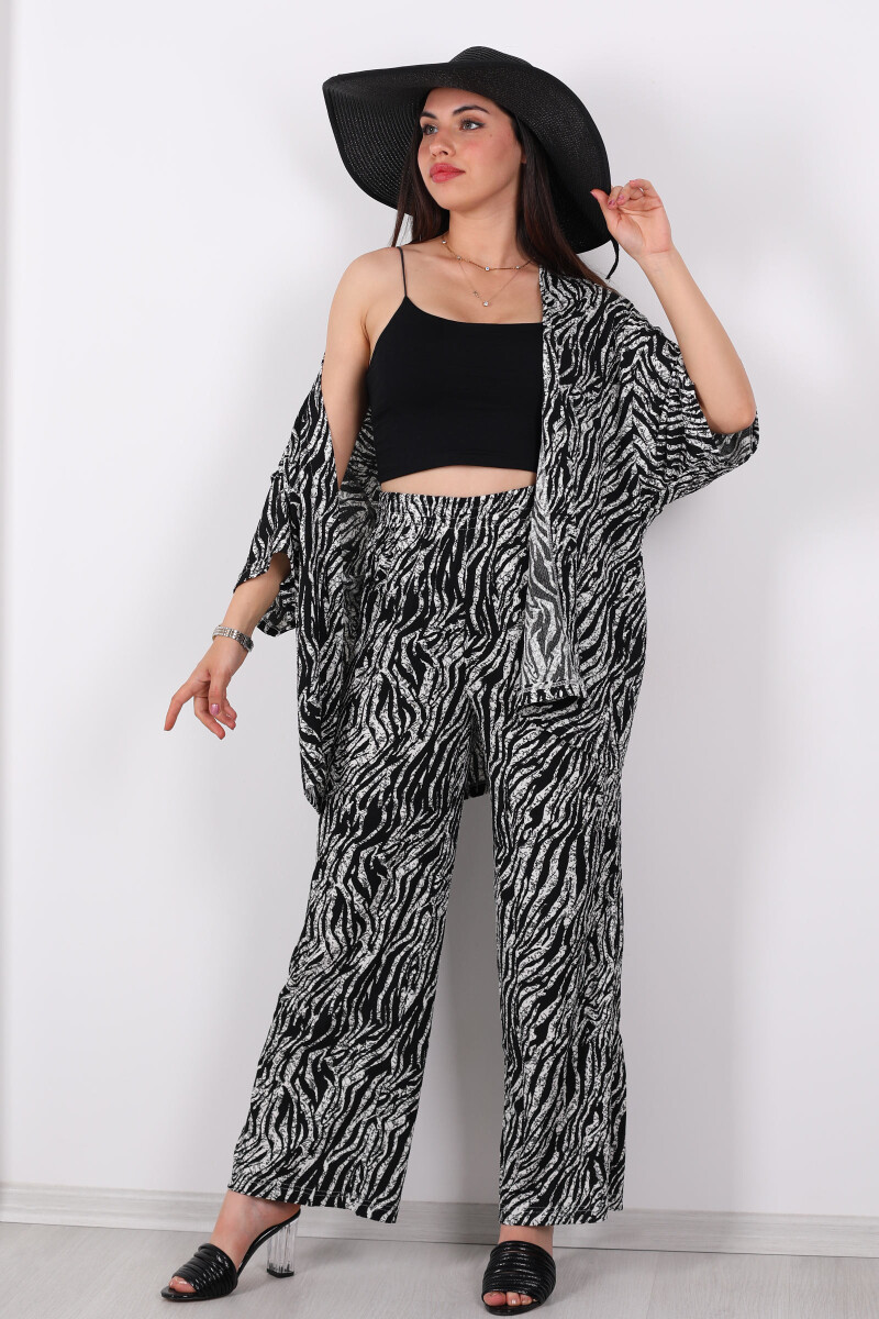 Çizgi Desen Kadın Siyah Kimono Takım - 1