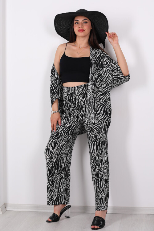 Çizgi Desen Kadın Siyah Kimono Takım - 4