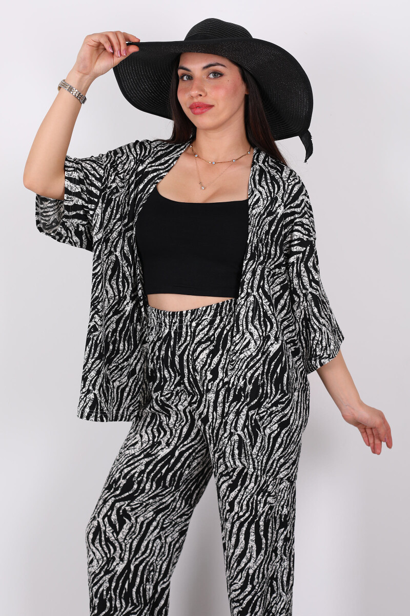 Çizgi Desen Kadın Siyah Kimono Takım - 3