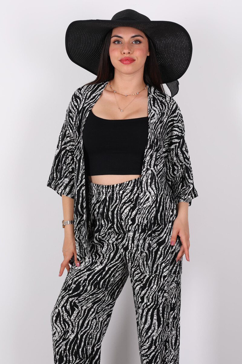 Çizgi Desen Kadın Siyah Kimono Takım - 5