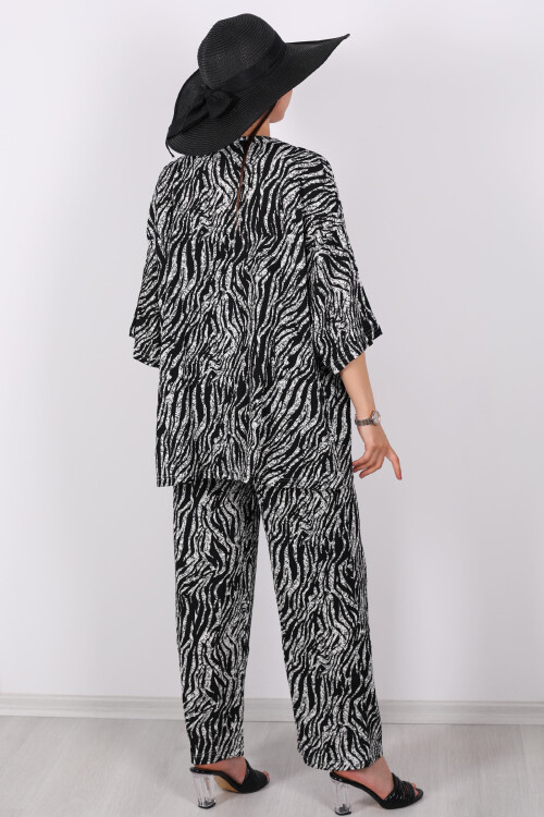 Çizgi Desen Kadın Siyah Kimono Takım - 6