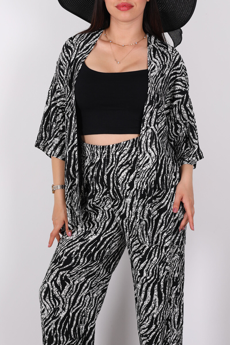 Çizgi Desen Kadın Siyah Kimono Takım - 2