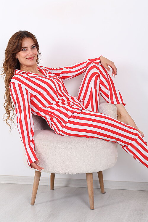 Çizgi Desenli Kırmızı Beyaz Kadın Pijama Takım 