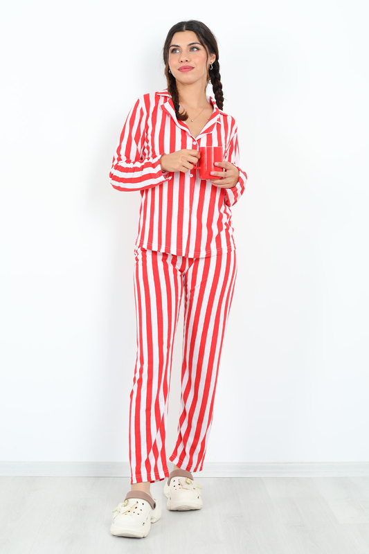 Çizgi Desenli Kırmızı Beyaz Kadın Pijama Takım - 2