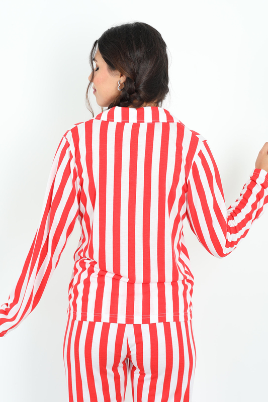Çizgi Desenli Kırmızı Beyaz Kadın Pijama Takım - 4