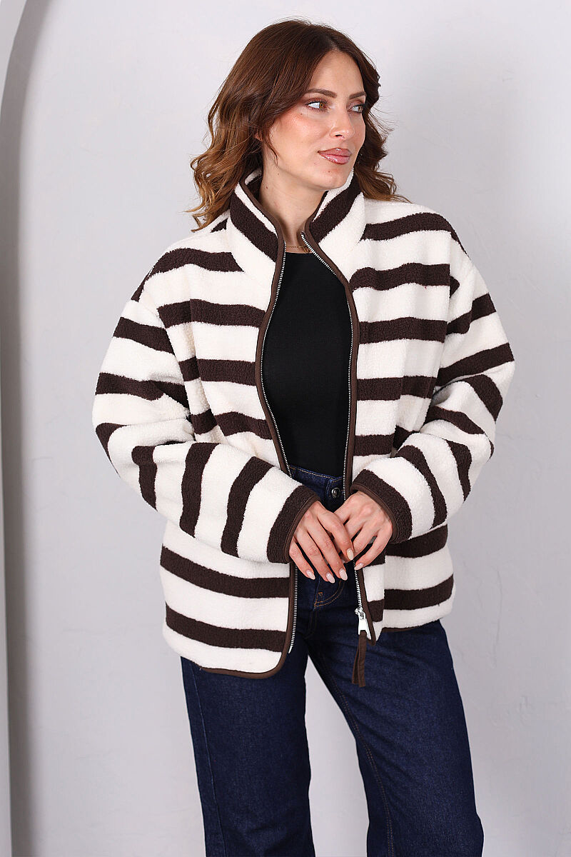 Çizgi Desenli Yakalı Oversize Acı Kahve Kadın Peluş Ceket - 6