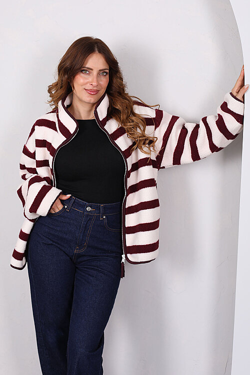 Çizgi Desenli Yakalı Oversize Mürdüm Kadın Peluş Ceket - 3