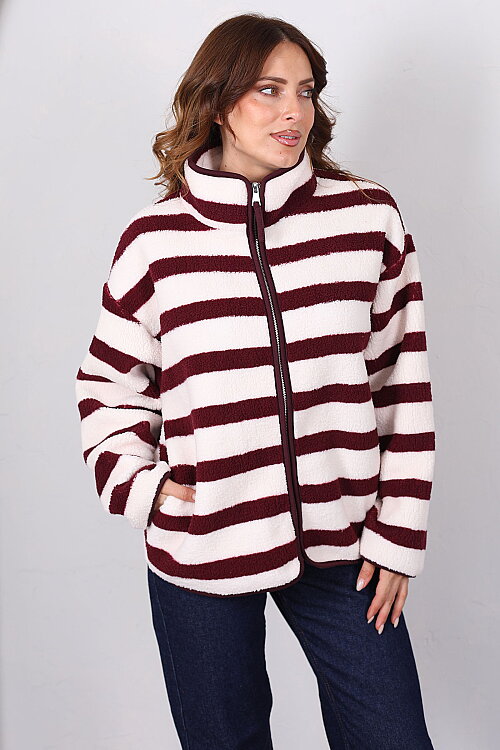 Çizgi Desenli Yakalı Oversize Mürdüm Kadın Peluş Ceket - 4