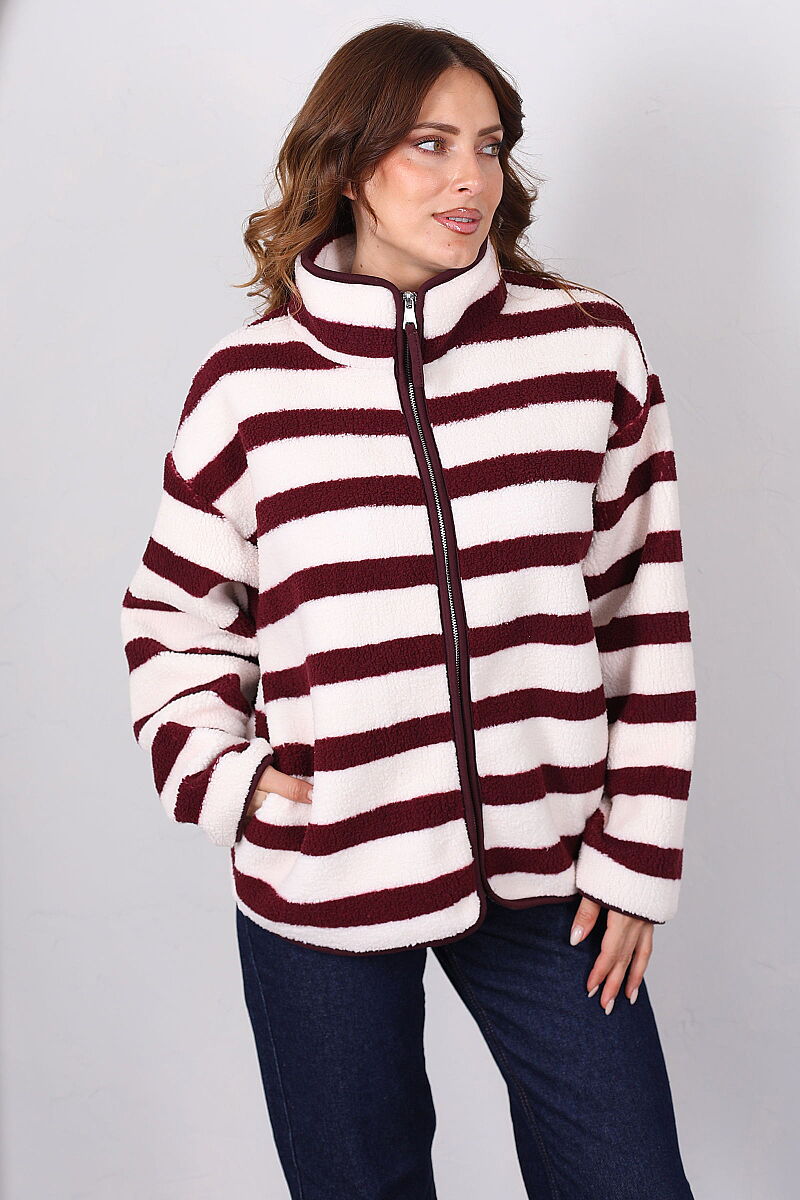 Çizgi Desenli Yakalı Oversize Mürdüm Kadın Peluş Ceket - 4