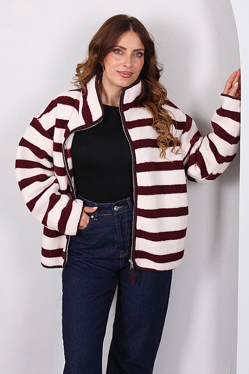 Çizgi Desenli Yakalı Oversize Mürdüm Kadın Peluş Ceket - 6