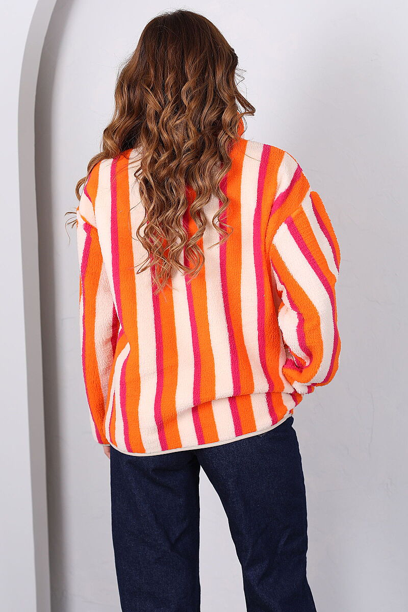 Çizgi Desenli Yakalı Oversize Turuncu Kadın Peluş Ceket - 5