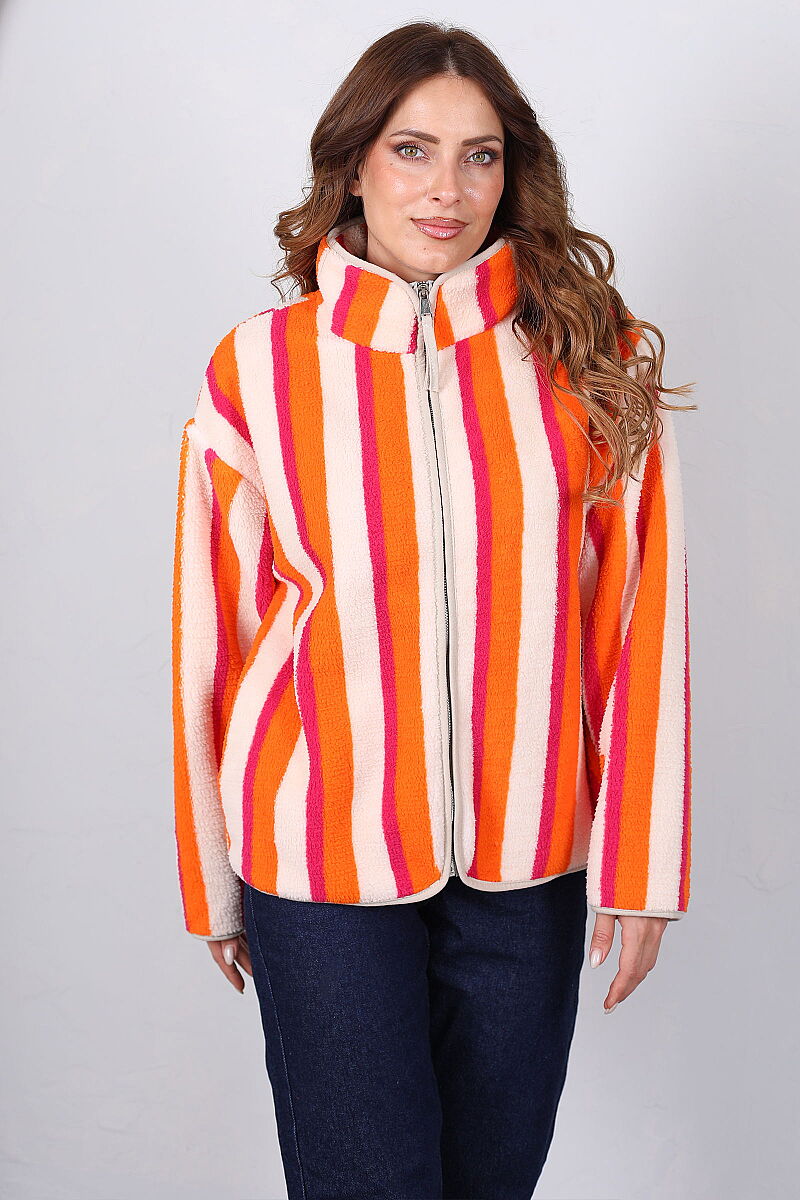 Çizgi Desenli Yakalı Oversize Turuncu Kadın Peluş Ceket - 4