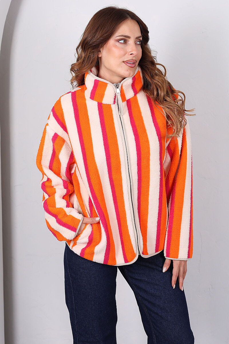 Çizgi Desenli Yakalı Oversize Turuncu Kadın Peluş Ceket - 3