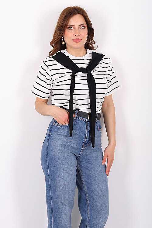 Çizgili Atkı Bağlamalı Kadın Beyaz T-Shirt - 3