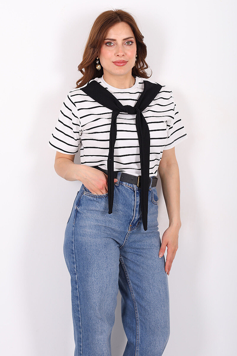 Çizgili Atkı Bağlamalı Kadın Beyaz T-Shirt - 3