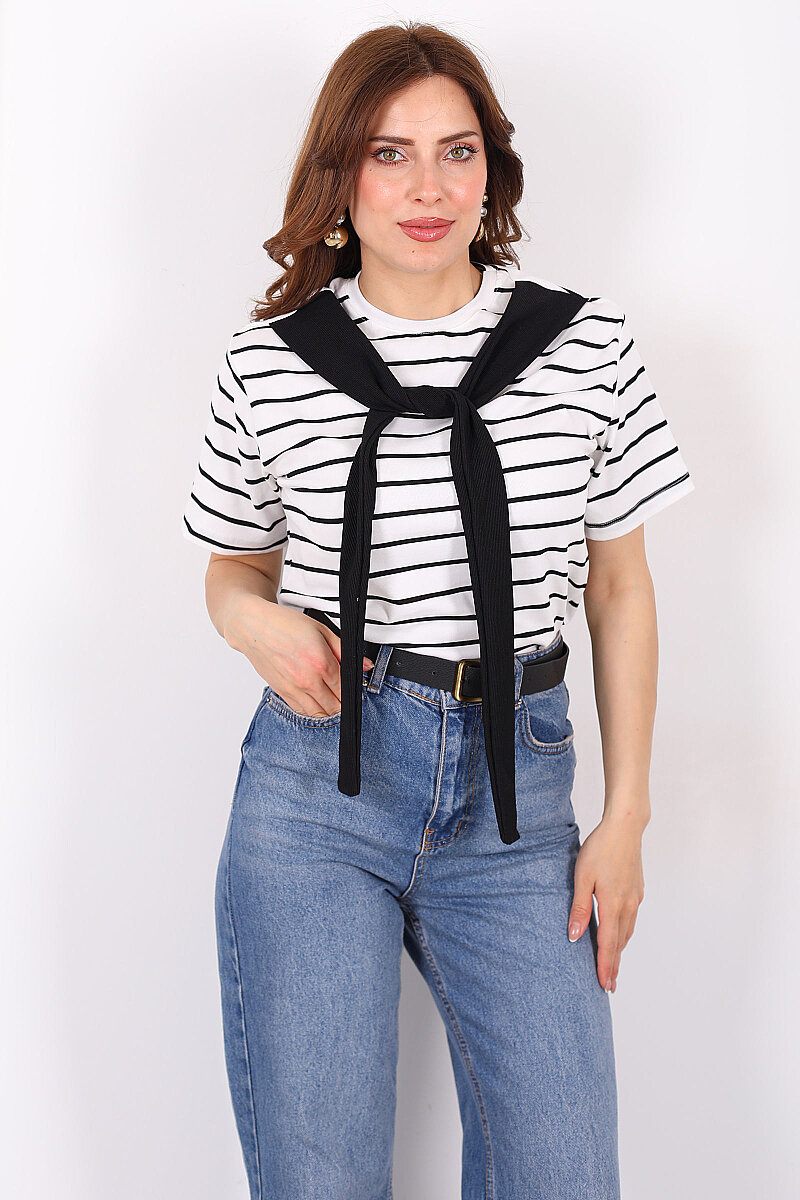 Çizgili Atkı Bağlamalı Kadın Beyaz T-Shirt - 1