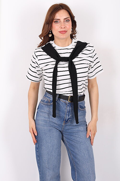 Çizgili Atkı Bağlamalı Kadın Beyaz T-Shirt - 6