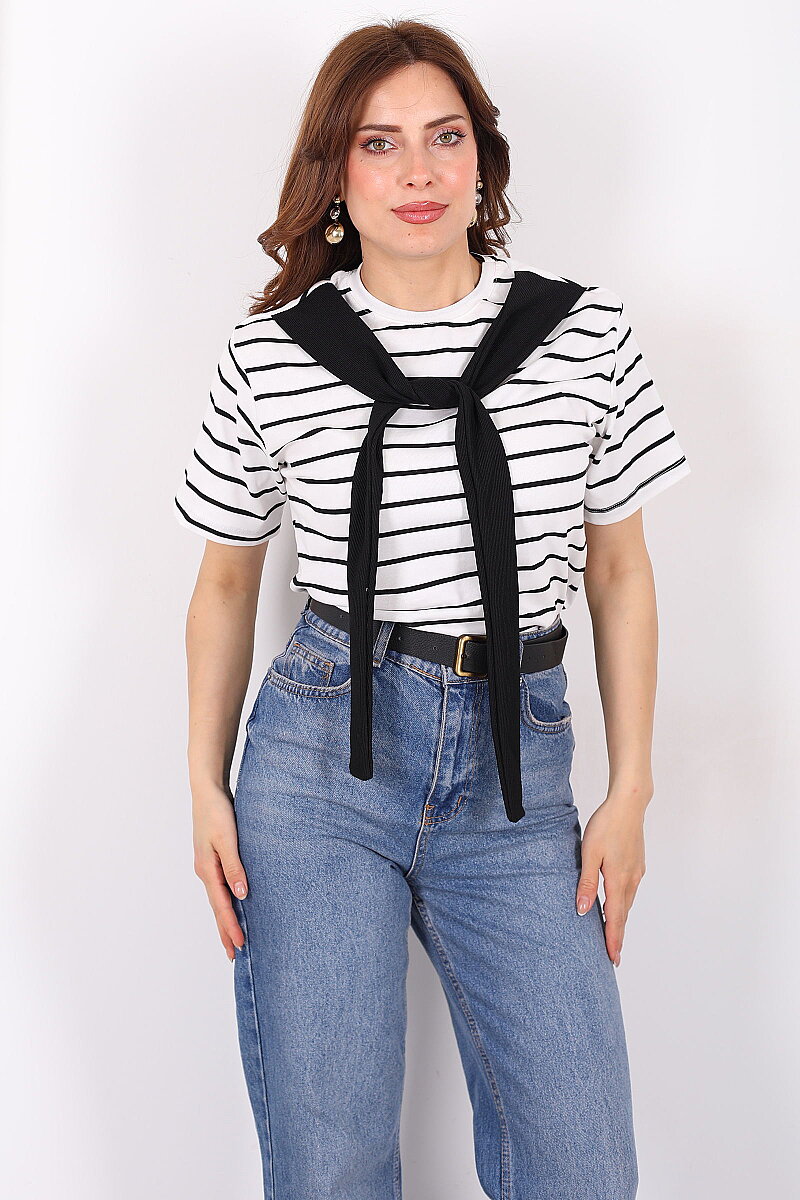 Çizgili Atkı Bağlamalı Kadın Beyaz T-Shirt - 6