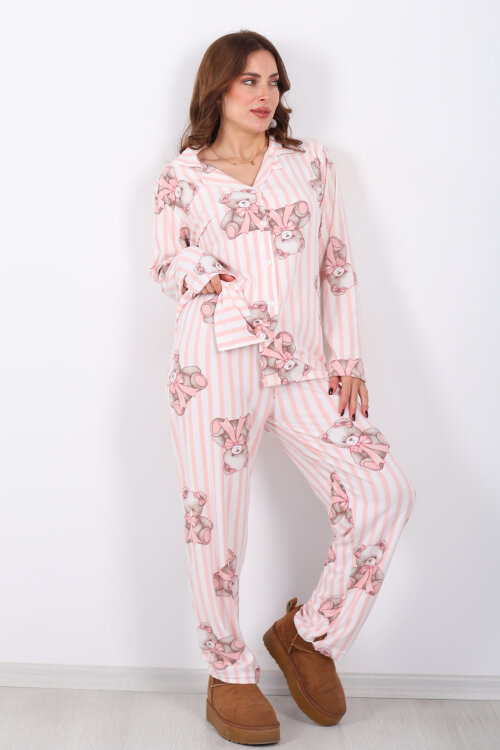 Çizgili Ayıcık Desenli Pudra Kadın Gömlek Pijama Takım - 4