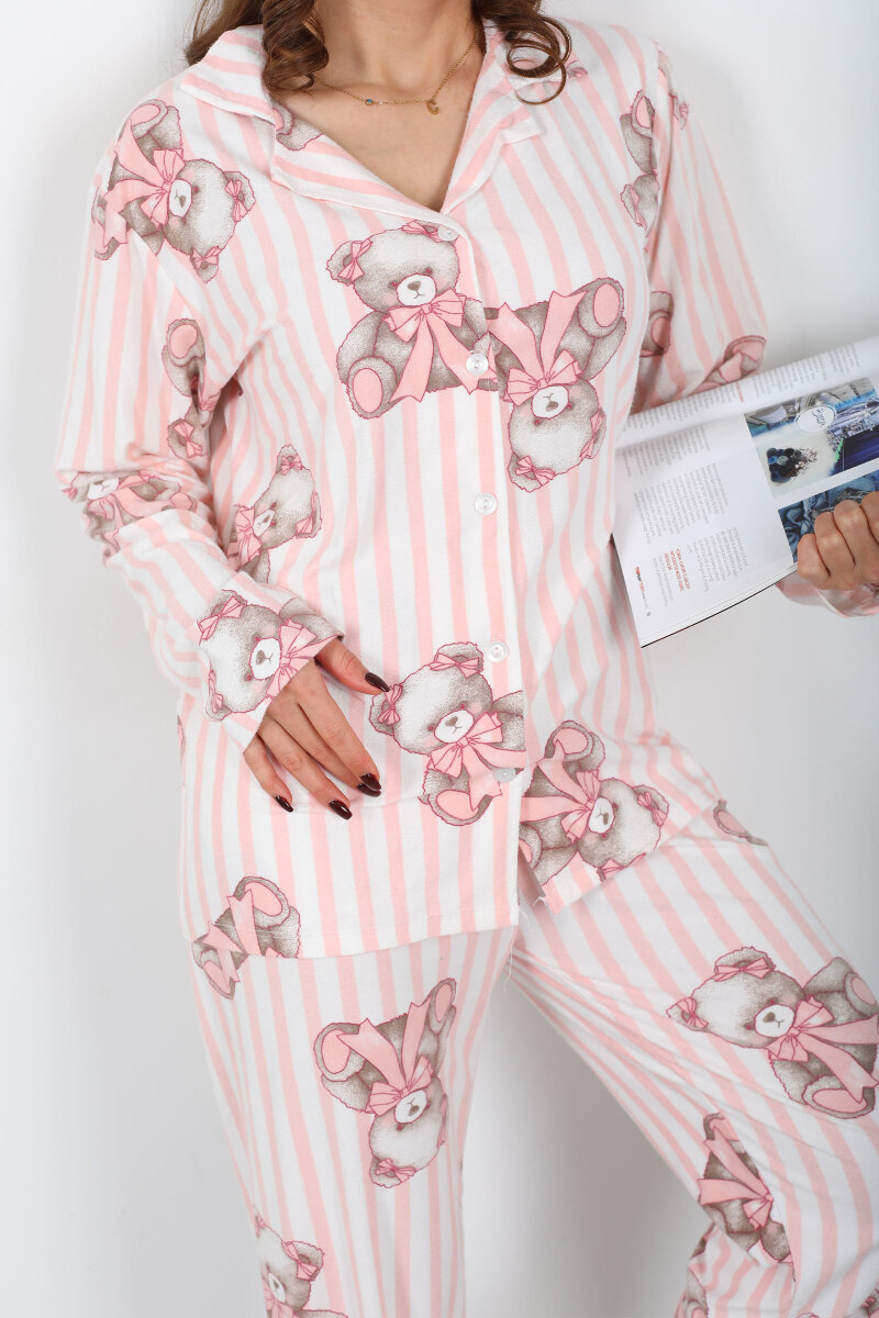 Çizgili Ayıcık Desenli Pudra Kadın Gömlek Pijama Takım - 2