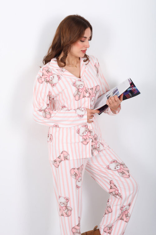 Çizgili Ayıcık Desenli Pudra Kadın Gömlek Pijama Takım - Berox