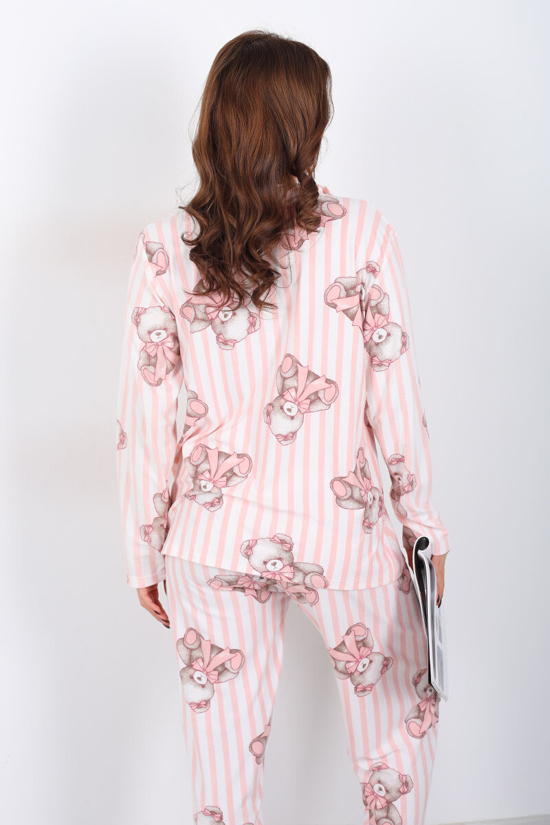 Çizgili Ayıcık Desenli Pudra Kadın Gömlek Pijama Takım - 5
