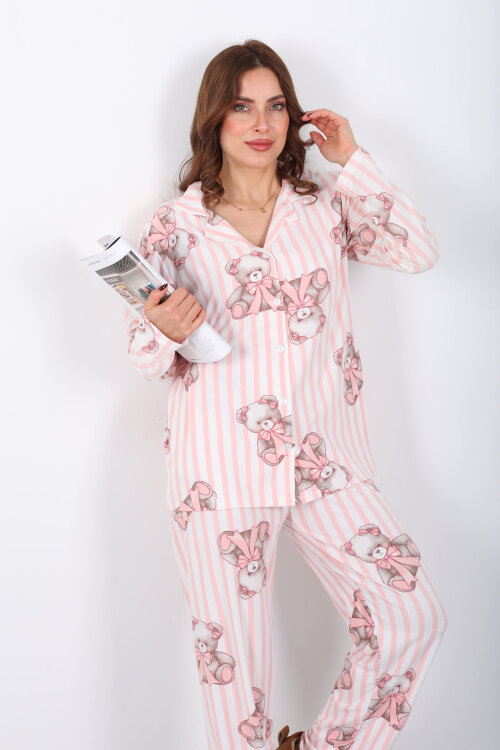 Çizgili Ayıcık Desenli Pudra Kadın Gömlek Pijama Takım - 3
