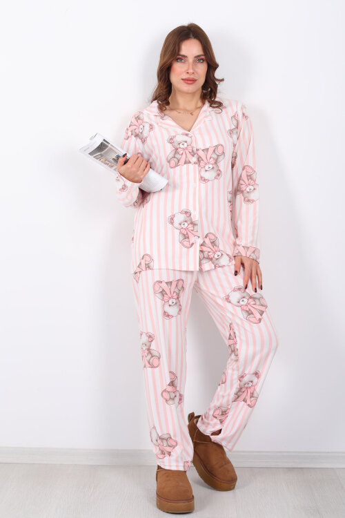 Çizgili Ayıcık Desenli Pudra Kadın Gömlek Pijama Takım - 6
