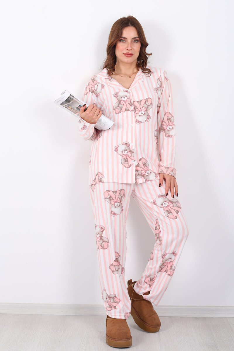 Çizgili Ayıcık Desenli Pudra Kadın Gömlek Pijama Takım - 6