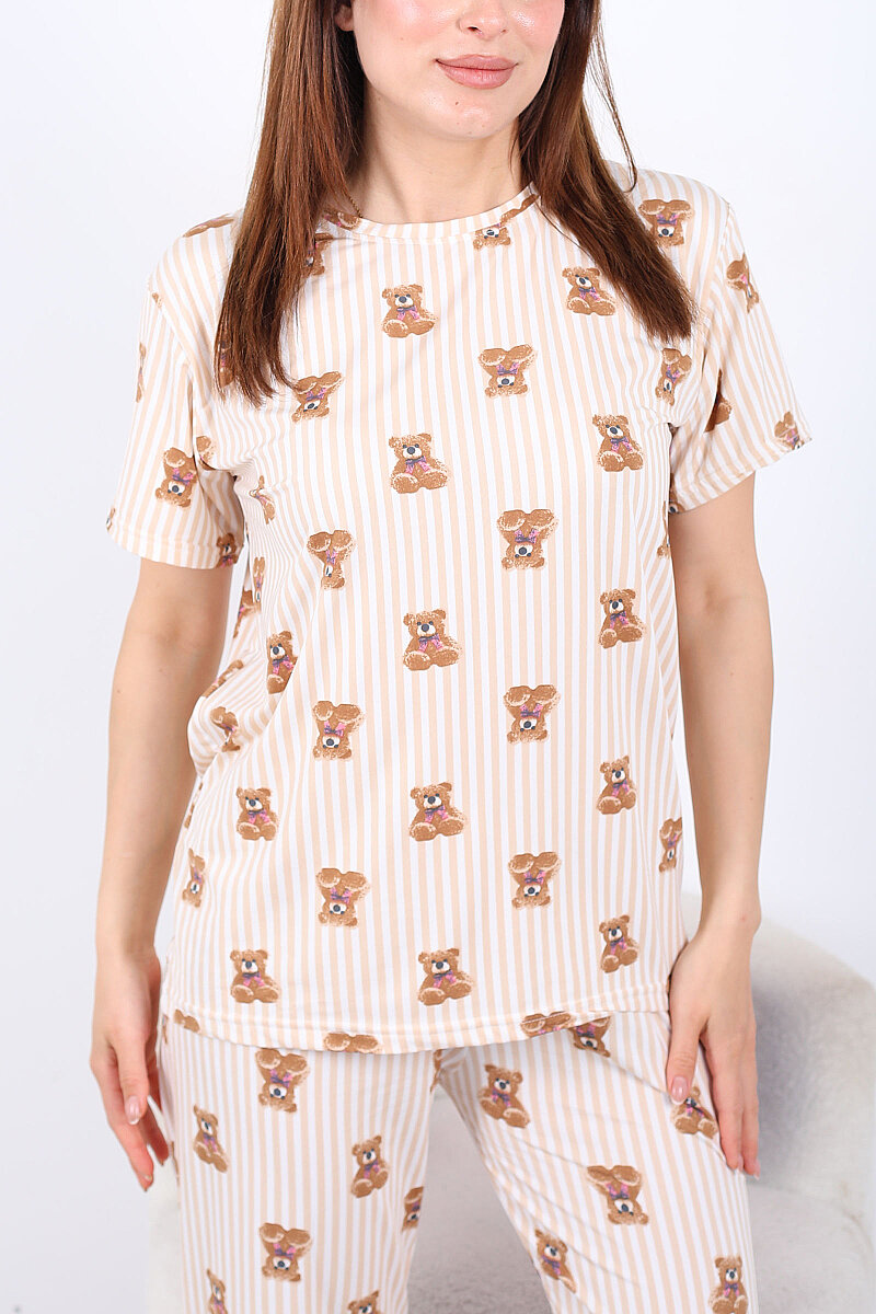 Çizgili Ayıcıklı Bisiklet Yaka Krem Kadın Pijama Takımı - 2
