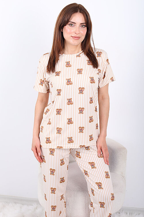 Çizgili Ayıcıklı Bisiklet Yaka Krem Kadın Pijama Takımı - 5