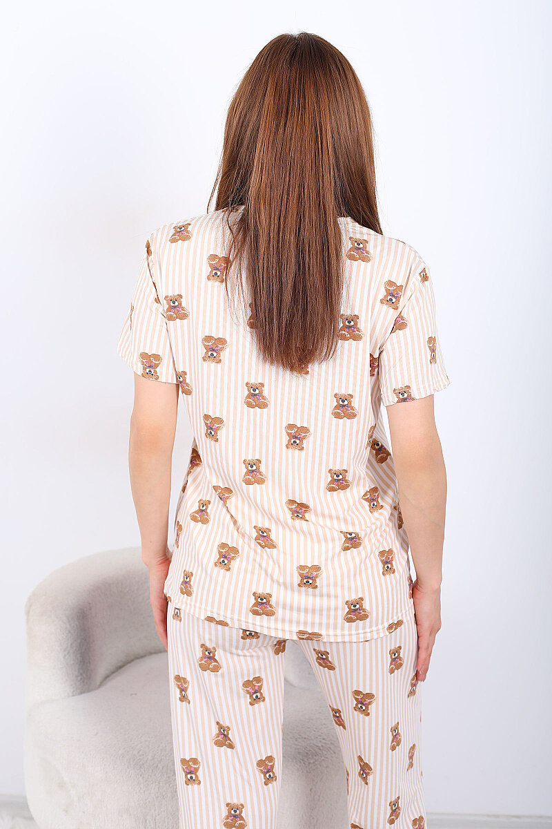 Çizgili Ayıcıklı Bisiklet Yaka Krem Kadın Pijama Takımı - 4