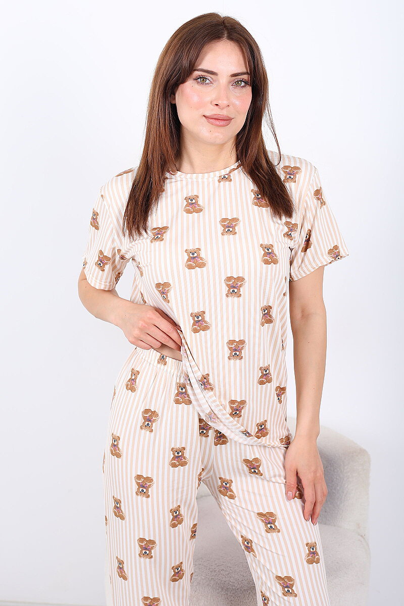 Çizgili Ayıcıklı Bisiklet Yaka Krem Kadın Pijama Takımı - 1