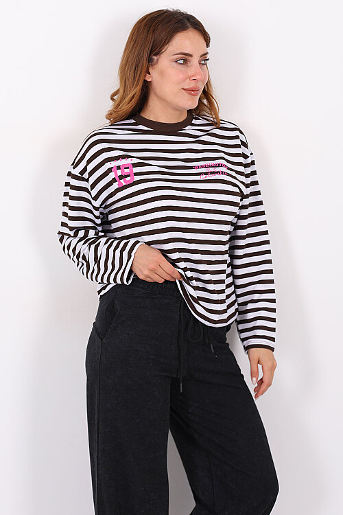 Çizgili Baskı Detaylı Acı Kahve Kadın İki İp Sweatshirt - 5