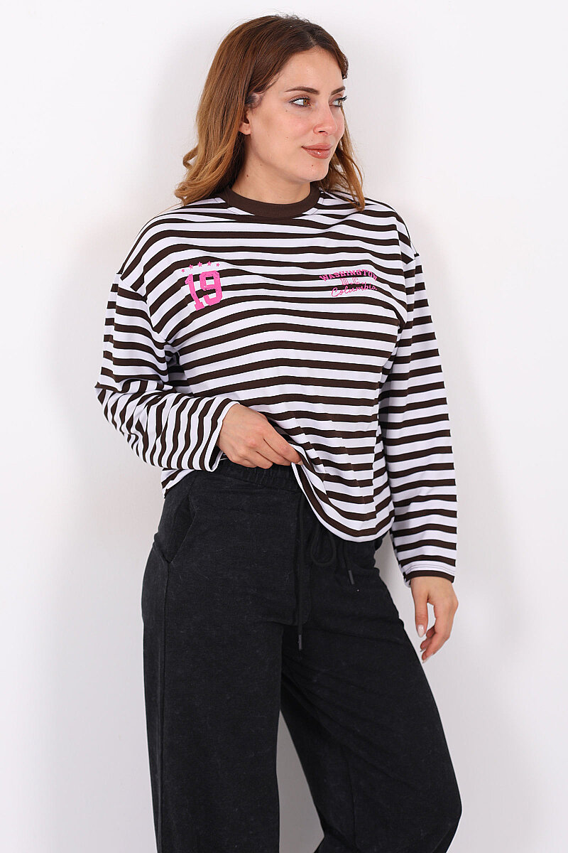 Çizgili Baskı Detaylı Acı Kahve Kadın İki İp Sweatshirt - 5