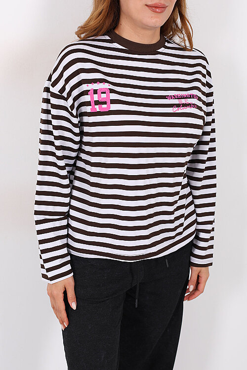 Çizgili Baskı Detaylı Acı Kahve Kadın İki İp Sweatshirt - Berox (1)